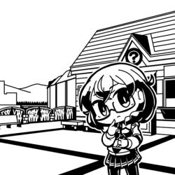 Rule 34 | 1girl, ?, bench, bow, braid, building, cevio, chibi, closed mouth, commentary request, crossed bangs, feet out of frame, finger to own chin, frown, glasses, greyscale, hair bow, hair over shoulder, hanakuma chifuyu, head tilt, index finger raised, jacket, long hair, long sleeves, looking at viewer, low twin braids, lowres, monochrome, mountainous horizon, moyasiwhite, otaru (hokkaido), outdoors, pantyhose, pleated skirt, railing, real world location, second-party source, skirt, solo, standing, synthesizer v, twin braids