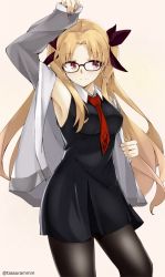 Rule 34 | 1girl, arm up, armpits, bare shoulders, black-framed eyewear, black dress, black nails, black pantyhose, blonde hair, breasts, brown background, collared dress, commentary request, cosplay, dress, ereshkigal (fate), fate/grand order, fate (series), fingernails, forehead, glasses, hair ribbon, jacket, long hair, long sleeves, mash kyrielight, mash kyrielight (cosplay), medium breasts, nail polish, necktie, open clothes, open jacket, pantyhose, parted bangs, pinching sleeves, pleated dress, red eyes, red necktie, red ribbon, ribbon, simple background, sleeveless, sleeveless dress, sleeves past wrists, solo, tasora, twitter username, two side up, very long hair, white jacket