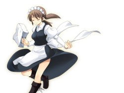 Rule 34 | 00s, 1girl, apron, bag, bare legs, blouse, blush, brown hair, closed eyes, frills, holding, juliet sleeves, leg up, long sleeves, maid, maid apron, maid headdress, mori sonou, outstretched arm, puffy long sleeves, puffy sleeves, shirt, shopping bag, short hair, simple background, solo, standing, standing on one leg, suzumiya haruhi no yuuutsu, thighs, twintails, waist apron, white background, white shirt, yuuji overall