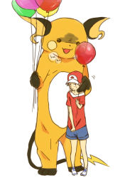 Rule 34 | 00s, 1990s (style), 1boy, alternate costume, balloon, baseball cap, brown hair, child, costume, creatures (company), game freak, gen 1 pokemon, hat, holding, nintendo, pokemon, pokemon (creature), pokemon frlg, pokemon rgby, raichu, red (pokemon), red (pokemon frlg), retro artstyle, shorts, tribute (tributism), you gonna get raped