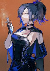 Rule 34 | 1girl, absurdres, alternate costume, angelia (girls&#039; frontline), arm up, black cape, black choker, black dress, black gloves, black hair, blue hair, blueblossom, braid, cape, choker, cigarette, closed mouth, commentary, cross, cross earrings, dress, earrings, elbow gloves, english commentary, fingerless gloves, french braid, girls&#039; frontline, gloves, grey eyes, hair ornament, hair over one eye, hair scrunchie, halloween, hand on own hip, happy halloween, highres, holding, holding cigarette, jewelry, lips, looking at viewer, medium hair, multicolored hair, nail polish, orange background, red nails, scar, scar on chest, scar on face, scrunchie, short ponytail, smoke, solo, streaked hair, two-tone hair, upper body