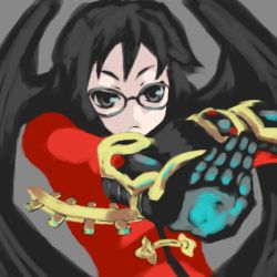 Rule 34 | 1girl, alchemist, alchemist (sekaiju), alchemist 2 (sekaiju), atlus, black gloves, black hair, black wings, dress, etrian odyssey, expressionless, glasses, gloves, glowing, grey eyes, long sleeves, looking at viewer, lowres, magic, oekaki, outstretched arm, red dress, short hair, solo, wings