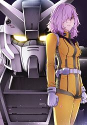 Rule 34 | 1girl, breasts, clenched hands, commentary, glowing, glowing eyes, gundam, gundam battle operation code fairy, gundam pixy, hair over one eye, highres, lilith aiden, mecha, medium breasts, mobile suit, official art, pilot suit, purple hair, red eyes, robot, serious, sidelocks, takagi shuei, upper body, v-fin, wavy hair, yellow eyes