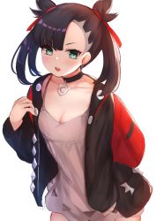 Rule 34 | 1girl, aqua eyes, asymmetrical bangs, asymmetrical hair, backpack, bag, black hair, black jacket, blush, breasts, choker, cleavage, collarbone, creatures (company), dress, game freak, hair ribbon, highres, jacket, john zhang, long hair, long sleeves, looking at viewer, marnie (pokemon), medium breasts, nintendo, open clothes, open jacket, open mouth, pink dress, pokemon, pokemon swsh, red ribbon, ribbon, simple background, solo, twintails, undercut, white background