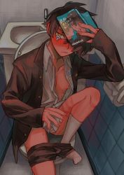 Rule 34 | 1boy, absurdres, bathroom, bite mark, black hair, blush, book, bruise, highres, holding, holding book, injury, kouji blood, looking at viewer, male focus, nipples, one eye covered, open clothes, original, school uniform, short hair, solo, tears, toilet, yaoi, yellow eyes