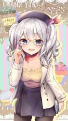Rule 34 | 1girl, alternate costume, bandana, bankoku ayuya, beret, bespectacled, black hat, black pantyhose, black skirt, blue eyes, breasts, cleavage, collarbone, commentary request, cowboy shot, frilled shirt, frills, glasses, hat, kantai collection, kashima (kancolle), leaning forward, looking at viewer, medium breasts, open mouth, pantyhose, red-framed eyewear, red bandana, red neckwear, shirt, sidelocks, silver hair, skirt, smile, solo, standing, tsurime, twintails, wavy hair, yellow shirt