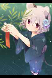 Rule 34 | 1girl, akagashi hagane, alternate costume, animal ears, bamboo, blush, border, floral print, flower, from above, gradient background, grey hair, hair flower, hair ornament, japanese clothes, kimono, long sleeves, mouse ears, mouse tail, nazrin, obi, pink eyes, ribbon, sandals, sash, short hair, solo, star-shaped pupils, star (symbol), symbol-shaped pupils, tail, tanabata, tanzaku, touhou, wide sleeves