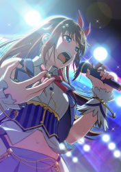 Rule 34 | 1girl, blouse, blue eyes, brown hair, commentary request, glint, highres, holding, holding microphone, hololive, lens flare, long hair, microphone, music, navel, open mouth, shirt, shiwasu takashi, singing, skirt, solo, sparkle, spotlight, sweat, tokino sora, tokino sora (1st costume), virtual youtuber, waist cape, white shirt, wrist cuffs