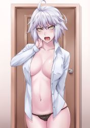 Rule 34 | 1girl, black panties, blush, breasts, collarbone, collared shirt, commentary, commentary request, door, dress shirt, fate/grand order, fate (series), highres, jeanne d&#039;arc (fate), jeanne d&#039;arc alter (avenger) (fate), jeanne d&#039;arc alter (fate), large breasts, long sleeves, looking at viewer, navel, open clothes, open mouth, open shirt, panties, revision, sakuya (liao kj), shirt, short hair, silver hair, solo, thighs, underwear, white shirt, yellow eyes