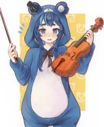 1girl animal_costume animal_ears animal_hood bear_costume bear_ears bear_hood black_bow blue_eyes blue_hair blush bow brown_background commentary_request ears_through_headwear fake_animal_ears fujikura_uruka hair_ornament hairclip headphones highres hikari_niji holding holding_instrument hood hood_up instrument long_hair multicolored_hair notice_lines open_mouth phase_connect short_eyebrows solo standing streaked_hair thick_eyebrows two-tone_background violin virtual_youtuber wavy_mouth white_background