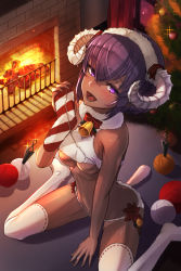 Rule 34 | 1girl, :d, announ (kurotya), bare arms, bare shoulders, bell, blush, breasts, christmas ornaments, christmas stocking, christmas tree, commentary request, crop top, dark-skinned female, dark skin, fate/grand order, fate/prototype, fate/prototype: fragments of blue and silver, fate (series), fingernails, fire, fireplace, flower, fur collar, glint, hair between eyes, hand up, hassan of serenity (fate), hassan of serenity (merry sheep) (fate), highres, holding, horns, indoors, kunai, looking at viewer, navel, no shoes, open mouth, panties, purple eyes, purple hair, red flower, ribbon-trimmed legwear, ribbon trim, sheep horns, sidelocks, sitting, small breasts, smile, solo, thighhighs, underboob, underwear, wariza, weapon, white panties, white thighhighs, wool, yarn, yarn ball