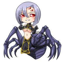 Rule 34 | 10s, 1girl, arachne, arthropod girl, blackgeneride, breasts, carapace, chibi, claws, elbow gloves, extra eyes, full body, gloves, grin, insect girl, large breasts, light purple hair, monster girl, monster musume no iru nichijou, multiple legs, navel, pelvic curtain, rachnera arachnera, red eyes, signature, simple background, smile, solo, spider girl, taur, underboob, white background
