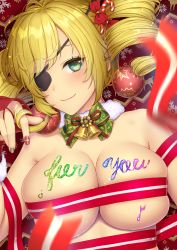 Rule 34 | 1girl, aimori meguru, aqua eyes, bad id, bad pixiv id, bauble, bell, blonde hair, blush, bodypaint, bow, bowtie, breasts, candy, candy cane, candy hair ornament, christmas, christmas ornaments, cleavage, closed mouth, commentary request, curly hair, english text, eyelashes, eyepatch, food, food-themed hair ornament, fur collar, fur trim, green bow, green bowtie, grey nails, hair bow, hair ornament, hand up, highres, large breasts, long hair, looking at viewer, motion blur, multicolored nails, musical note, nail polish, naked ribbon, original, red bow, red nails, red ribbon, ribbon, sidelocks, smile, solo, striped ribbon, twintails, upper body