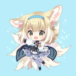 Rule 34 | 1girl, :d, animal ear fluff, animal ears, arknights, bare shoulders, black footwear, blonde hair, blue background, blue hairband, blush, braid, braided hair rings, chibi, clothing cutout, collar, commentary request, cup, dress, fox ears, fox girl, fox tail, frilled dress, frills, full body, hair rings, hairband, highres, holding, holding plate, infection monitor (arknights), kitsune, kyuubi, looking at viewer, material growth, multiple tails, open mouth, oripathy lesion (arknights), pantyhose, plate, pouring, purple dress, purple pantyhose, shoes, short hair, shoulder cutout, simple background, smile, solo, sparkle, suzuran (arknights), tail, takamura masaya, teacup, teapot, yellow eyes