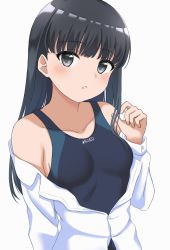 Rule 34 | 1girl, amagami, ayatsuji tsukasa, black eyes, black hair, black one-piece swimsuit, blunt bangs, breasts, competition swimsuit, feilong (rong0102), hand in own hair, highres, long hair, looking at viewer, one-piece swimsuit, open mouth, simple background, solo, swimsuit, swimsuit under clothes, upper body, white background