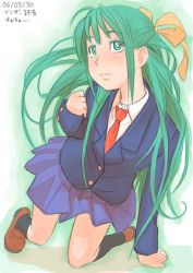 Rule 34 | 1girl, green eyes, green hair, half updo, higurashi no naku koro ni, long hair, matching hair/eyes, school uniform, solo, sonozaki shion, zenkou