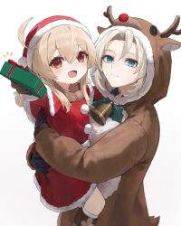 Rule 34 | 1boy, 1girl, albedo (genshin impact), alternate costume, animal ears, antlers, arm up, arms up, bell, black gloves, blonde hair, blue eyes, blush, boots, bow, box, brown footwear, capelet, child, christmas, closed mouth, deer antlers, deer costume, deer ears, deer tail, dress, ebiri fy, fake animal ears, genshin impact, gift, gift box, gloves, grey socks, hair between eyes, hand up, hands up, hat, highres, holding, holding box, hood, horns, hug, klee (genshin impact), leaf, long sleeves, looking at viewer, neck bell, open mouth, pom pom (clothes), puffy long sleeves, puffy sleeves, red bow, red capelet, red dress, red eyes, red headwear, santa hat, short hair, short twintails, sidelocks, simple background, smile, socks, standing, tail, tongue, twintails, white background