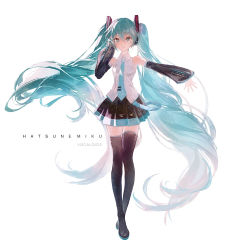 Rule 34 | 1girl, absurdly long hair, absurdres, black footwear, black skirt, black sleeves, blue eyes, blue hair, blue necktie, blue skirt, boots, character name, closed mouth, collared shirt, copyright name, detached sleeves, dress shirt, floating hair, full body, hair between eyes, hand in own hair, hatsune miku, hatsune miku (vocaloid3), highres, long hair, long sleeves, looking at viewer, miniskirt, necktie, pleated skirt, shirt, skirt, sleeveless, sleeveless shirt, smile, solo, standing, thigh boots, thighhighs, two-tone skirt, very long hair, vocaloid, white shirt, wing collar, wnmuwnmu, zettai ryouiki
