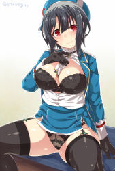 Rule 34 | 10s, 1girl, beret, between breasts, black bra, black gloves, black hair, black thighhighs, blush, bra, breasts, cleavage, commentary request, frilled bra, frills, garter straps, gloves, hair between eyes, hat, head tilt, kantai collection, large breasts, long sleeves, looking at viewer, military, military uniform, necktie, necktie between breasts, open clothes, open shirt, red eyes, shirt, short hair, sitting, solo, spread legs, takao (kancolle), thighhighs, torimaru, twitter username, underwear, uniform