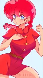 Rule 34 | 1girl, blue background, blue eyes, blush, braid, breasts, china dress, chinese clothes, cresscin, dress, genderswap, genderswap (mtf), hand on own chest, highres, large breasts, long hair, looking at viewer, parted lips, ranma-chan, ranma 1/2, red dress, red hair, saotome ranma, short sleeves, standing, teeth