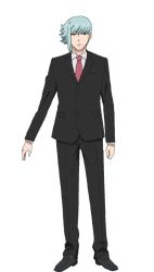 Rule 34 | 1boy, blue hair, clothes, full body, looking at viewer, mahou shoujo site, male focus, misumi kiichiro, necktie, pants, shirt, shoes, short hair, simple background, solo, standing