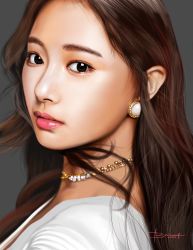 Rule 34 | 1girl, absurdres, boris (borisasf), brown eyes, brown hair, close-up, earrings, grey background, highres, jewelry, long hair, looking at viewer, parted lips, photorealistic, portrait, procreate (medium), real life, realistic, signature, solo, twice (group), tzuyu (twice)