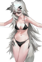 Rule 34 | 1girl, absurdres, ahoge, animal ear fluff, animal ears, arknights, bikini, black bikini, breasts, cleavage, collarbone, grey eyes, grey hair, hair between eyes, hair ornament, hairclip, highres, lappland (arknights), long hair, looking at viewer, looking over eyewear, material growth, medium breasts, oripathy lesion (arknights), outstretched arms, rui (woyoudabing rui), scar, scar across eye, scar on face, simple background, smile, solo, spaghetti strap, spread arms, sunglasses, swimsuit, tail, very long hair, white background, wolf ears, wolf girl, wolf tail