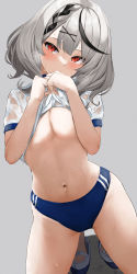 Rule 34 | 1girl, absurdres, blush, braid, breasts, breasts squeezed together, buruma, cleavage, clothes lift, covered mouth, grey background, grey hair, groin, hair ornament, highres, hololive, kneeling, lifted by self, looking at viewer, medium breasts, medium hair, multicolored hair, navel, no bra, ponnu (nikeytina), red eyes, sakamata chloe, shirt, shirt lift, shoes, short sleeves, single braid, solo, streaked hair, sweat, uwabaki, virtual youtuber, wet, wet clothes, wet shirt, white shirt, x hair ornament