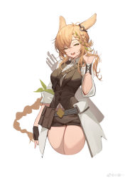 Rule 34 | 1girl, :d, absurdres, animal ears, antenna hair, arknights, armband, arrow (symbol), artist name, black gloves, black shorts, black vest, blonde hair, braid, breasts, collared shirt, cropped legs, ear ornament, fingerless gloves, gloves, green eyes, hand in own hair, highres, kroos (arknights), kroos the keen glint (arknights), long hair, long sleeves, looking at viewer, medium breasts, open mouth, quiver, rabbit ears, shirt, short shorts, shorts, single braid, single glove, smile, solo, teeth, thighs, upper teeth only, very long hair, vest, weibo watermark, white shirt, xiaoba--