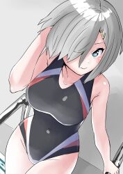 Rule 34 | 1girl, 30-06, alternate costume, black one-piece swimsuit, blue eyes, bob cut, breasts, competition swimsuit, covered navel, cowboy shot, from above, grey hair, hair ornament, hair over one eye, hairclip, hamakaze (kancolle), highres, kantai collection, large breasts, long bangs, multicolored clothes, multicolored swimsuit, one-piece swimsuit, pool ladder, short hair, solo, swimsuit