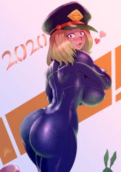 Rule 34 | 1girl, absurdres, alternate breast size, ass, black bodysuit, bodysuit, boku no hero academia, breasts, curry, food, hat, highres, huge ass, large breasts, lips, long hair, looking at viewer, shiny clothes, smile, solo, utsushimi kemii, wide hips
