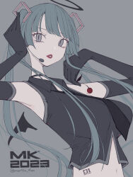 Rule 34 | 1girl, bare shoulders, blue eyes, blue hair, cherry, choker, elbow gloves, food, fruit, gloves, grey background, hand in own hair, hatsune miku, highres, holding, holding food, long hair, looking at viewer, microphone, midriff, morita (moritania), navel, necktie, parted lips, red lips, shirt, simple background, sleeveless, sleeveless shirt, solo, tattoo, twintails, twitter username, upper body, very long hair, vocaloid