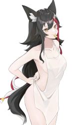Rule 34 | 1girl, absurdres, animal ear fluff, animal ears, apron, bea (12424 24), black hair, collarbone, flipped hair, hair between eyes, hair ornament, hairclip, highres, hololive, kouhaku nawa, long hair, looking at viewer, low-tied long hair, mouth hold, multicolored hair, naked apron, ookami mio, red hair, rope, shimenawa, sidelocks, smile, solo, streaked hair, very long hair, virtual youtuber, white background, white hair, wolf ears, wolf girl, yellow eyes