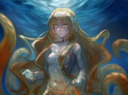 Rule 34 | 1girl, bow, breasts, brown hairband, freckles, hair bow, hairband, huanxue, ishmael (project moon), limbus company, long hair, looking at viewer, monster girl, navel, nude, project moon, rope, scylla, small breasts, solo, tentacle hair, underwater, very long hair, white bow