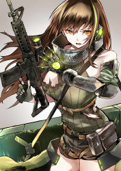 Rule 34 | 1girl, absurdres, areola slip, assault rifle, belt, belt pouch, black eyes, black hair, black shorts, breasts, collarbone, cowboy shot, fingerless gloves, girls&#039; frontline, gloves, green hair, green sweater, gun, highres, holding, holding gun, holding weapon, kyoyakyo, long hair, looking at viewer, m4 carbine, m4a1 (girls&#039; frontline), m4a1 (mod3) (girls&#039; frontline), mechanical parts, medium breasts, mod3 (girls&#039; frontline), multicolored hair, open mouth, pouch, ribbed sweater, rifle, shorts, sleeveless, sleeveless turtleneck, solo, standing, streaked hair, sweater, torn clothes, torn sweater, trigger discipline, turtleneck, two-tone hair, weapon