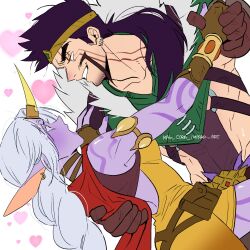 Rule 34 | 1boy, 1girl, :o, artist name, bare shoulders, black hair, cape, collarbone, colored skin, draven, dress, earrings, eye contact, facial hair, from side, grin, hand on another&#039;s back, heart, highres, holding hands, horns, jewelry, league of legends, long hair, looking at another, mag cora imparo, mustache, orange dress, pink skin, pouch, red cape, shiny skin, single horn, smile, soraka (league of legends), teeth, white hair
