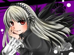 Rule 34 | 00s, 1girl, dress, frills, grey hair, hairband, long hair, purple background, red eyes, rozen maiden, suigintou, wings