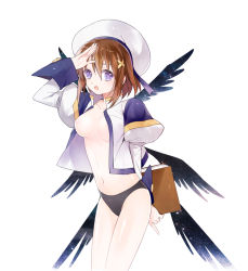 Rule 34 | 00s, 1girl, :d, artist request, bad id, bad pixiv id, black panties, black wings, book, breasts, brown hair, hair ornament, hat, holding, holding book, large breasts, long sleeves, looking at viewer, lyrical nanoha, mahou shoujo lyrical nanoha strikers, nipples, no bra, open clothes, open mouth, open shirt, panties, salute, shirt, simple background, smile, tareme, underwear, white background, wings, x hair ornament, yagami hayate