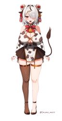 Rule 34 | 1girl, animal ears, animal print, ankle strap, arms at sides, bare shoulders, bell, black hair, black skirt, black thighhighs, blush, bow, bowtie, breasts, bridal gauntlets, button gap, cleavage, cow ears, cow girl, cow horns, cow print, cow tail, cowbell, curvy, double bun, dress, ear piercing, eyebrows hidden by hair, fangs, fishnet thighhighs, fishnets, full body, grey hair, hair bun, hair intakes, hair ornament, hair over one eye, hair ribbon, hairclip, high heels, horns, huge breasts, indie virtual youtuber, long bangs, marota, marota (character), medium hair, miniskirt, multicolored hair, neck bell, numbered, open mouth, original, panties, panty straps, piercing, pleated skirt, red bow, red bowtie, red eyes, ribbon, side-tie panties, simple background, single thighhigh, skindentation, skirt, smile, solo, standing, straight-on, streaked hair, swept bangs, tachi-e, tail, tassel, taut clothes, taut dress, thigh strap, thighhighs, thighs, tsurime, twitter username, underwear, virtual youtuber, white background, wide hips, zettai ryouiki