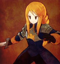 Rule 34 | 1girl, agrias oaks, armor, black gloves, blonde hair, blue eyes, braid, braided ponytail, brown background, final fantasy, final fantasy tactics, gloves, holding, holding sword, holding weapon, light frown, long hair, long sleeves, no nose, official style, parody, shoulder armor, single braid, solo, style parody, suta (clusta), sword, tsurime, weapon, yoshida akihiko (style)
