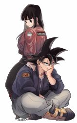 Rule 34 | 1boy, 1girl, alternate costume, arm rest, baggy pants, black eyes, black hair, black legwear, blunt bangs, boots, breast pocket, chi-chi (dragon ball), clothes writing, collarbone, commentary request, couple, dragon ball, dragonball z, eyelashes, full body, grey footwear, grey pants, grin, hair down, hand on another&#039;s shoulder, hand on own cheek, hand on own face, hand rest, highres, hime cut, indian style, jacket, long hair, looking at viewer, looking away, looking back, muscular, open clothes, open jacket, pants, pink jacket, pocket, purple jacket, simple background, sitting, sitting on person, smile, socks, son goku, spiked hair, tama azusa hatsu, tiptoes, twitter username, white background, yellow footwear