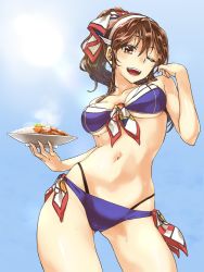 Rule 34 | 1girl, abo (hechouchou), ashigara (kancolle), bikini, blue background, brown eyes, brown hair, commentary request, contrapposto, cowboy shot, fake horns, food, hairband, highres, horned headwear, horns, kantai collection, layered bikini, long hair, looking at viewer, one eye closed, open mouth, purple bikini, solo, standing, steam, swimsuit, teeth, upper teeth only, wavy hair