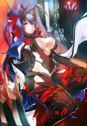 Rule 34 | 1girl, another dark mai, antenna hair, blazblue, blazblue alternative: dark war, blue hair, breasts, cleavage, cleavage cutout, clothing cutout, facial tattoo, genderswap, genderswap (mtf), halterneck, highres, horns, large breasts, long hair, looking at viewer, official art, red eyes, revealing clothes, solo, tattoo, very long hair