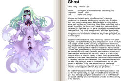 Rule 34 | 1girl, blush, bow, character profile, english text, ghost, ghost (monster girl encyclopedia), ghost tail, green hair, hair bow, hard-translated, hitodama, kenkou cross, long hair, looking at viewer, monster girl, monster girl encyclopedia, official art, pale skin, pointy ears, red eyes, ribbon, smile, solo, spirit, third-party edit, translated, undead