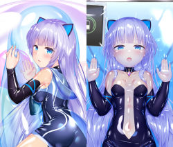 Rule 34 | 1girl, animal ears, ass, black choker, blue eyes, bodysuit, breasts, cat ears, choker, clothing cutout, commentary request, covered navel, dakimakura (medium), detached collar, dress, indie virtual youtuber, latex, latex bodysuit, latex dress, long hair, mitsuki awano, naka (cheeseyeast), navel cutout, open mouth, purple hair, see-through bodysuit, shiny clothes, skin tight, small breasts, vacuum bed, virtual youtuber