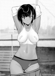 Rule 34 | 1girl, armpits, arms behind head, bandaid, bandaids on nipples, black hair, blurry, blurry background, blush, breasts, clothes pull, commentary request, frown, gentsuki, greyscale, highres, large breasts, monochrome, navel, net, original, panties, pasties, short hair, skirt, skirt pull, solo, tan, tanline, tsurime, underwear