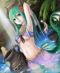 Rule 34 | 3girls, aqua hair, armpits, blue eyes, breasts, dragon girl, dutch angle, flower, hair flower, hair ornament, highres, horns, kai (ootamuno12), looking at viewer, midriff, multiple girls, navel, open mouth, original, panties, petals, pitcher (container), skirt, solo focus, tail, underboob, underwear, wading, water, waterfall, wet