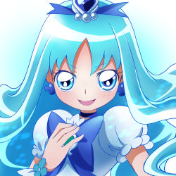 Rule 34 | 10s, 1girl, absurdres, bad id, bad pixiv id, blue background, blue eyes, blue hair, blush, bow, choker, cure marine, earrings, flower, gradient background, hair ornament, hand on own chest, heartcatch precure!, highres, jewelry, kurumi erika, long hair, magical girl, matching hair/eyes, open mouth, precure, puffy short sleeves, puffy sleeves, ribbon, sharumon, short sleeves, smile, solo, upper body, white background, wrist cuffs