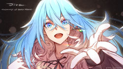 Rule 34 | 1girl, ahoge, blue eyes, blue hair, earrings, female focus, fur trim, gloves, hair between eyes, highres, jewelry, looking at viewer, neck ribbon, open mouth, outstretched arm, outstretched hand, reaching, reaching towards viewer, ribbon, single earring, smile, solo, teeth, upper teeth only, vivy, vivy: fluorite eye&#039;s song, white gloves, yellowpaint.