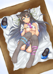 Rule 34 | 1girl, :o, animal ears, black hair, blue eyes, blush, box, breasts, cat ears, crop top, crop top overhang, feet, from above, full body, hair ornament, hairclip, large breasts, legs up, long hair, looking at viewer, lying, muffin (sirumeria), on back, open mouth, original, panties, pillow, ribbon, school uniform, shoes, unworn shoes, solo, spread legs, strap, thighhighs, underboob, underwear